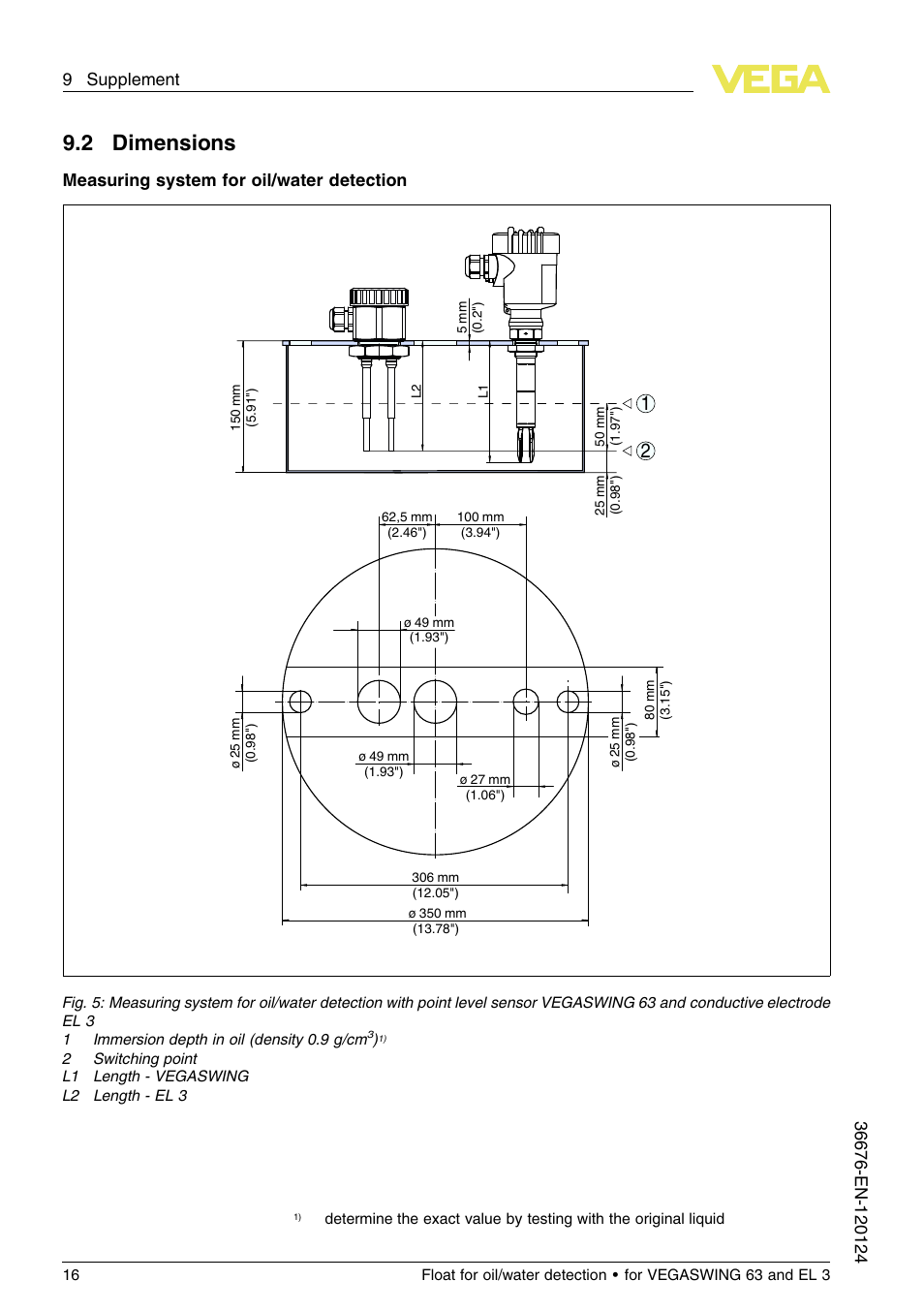 2 dimensions, Measuring system for oil/water detection | VEGA Float for oil_water detection for VEGASWING 63 and EL 3 User Manual | Page 16 / 20