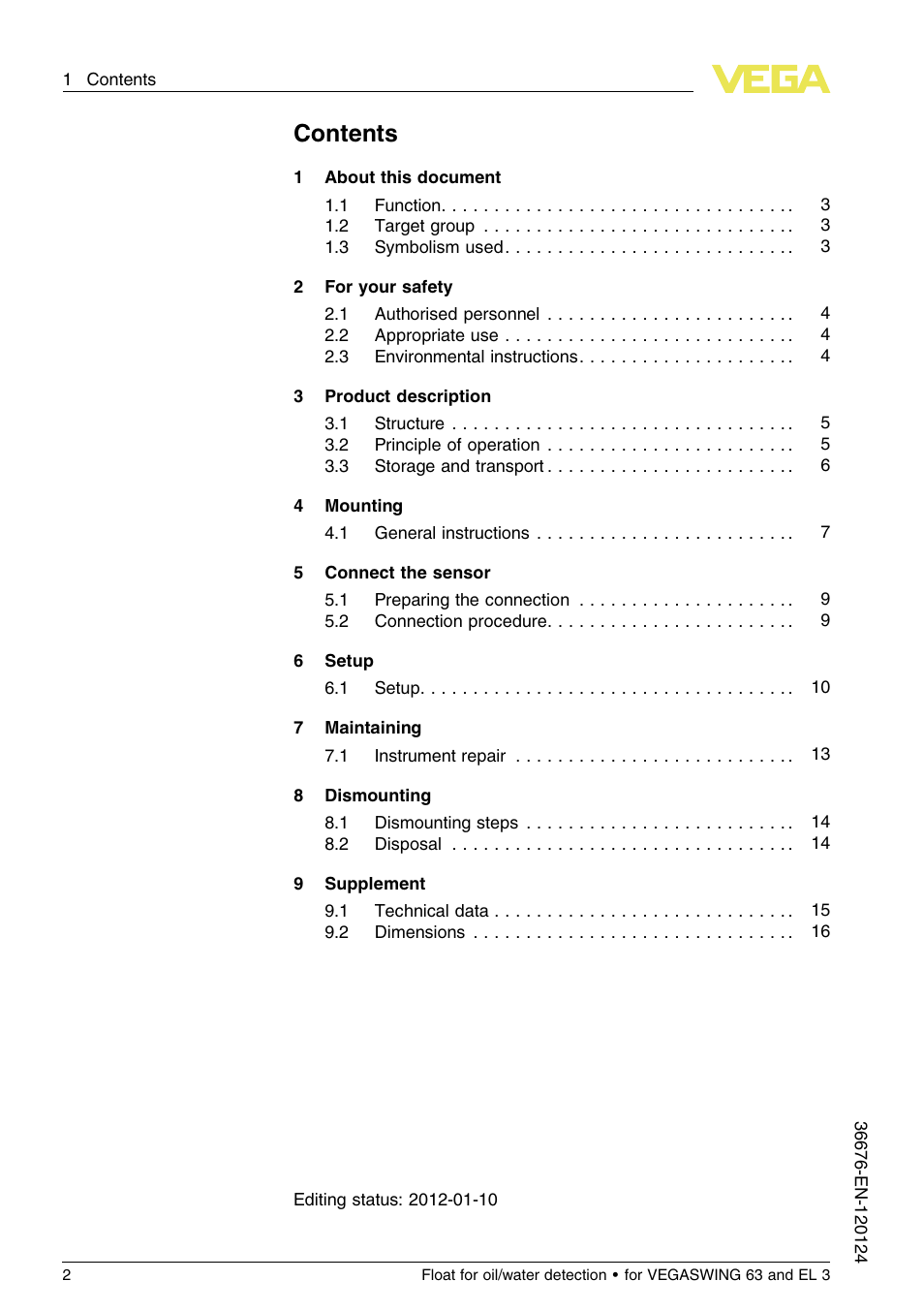 VEGA Float for oil_water detection for VEGASWING 63 and EL 3 User Manual | Page 2 / 20