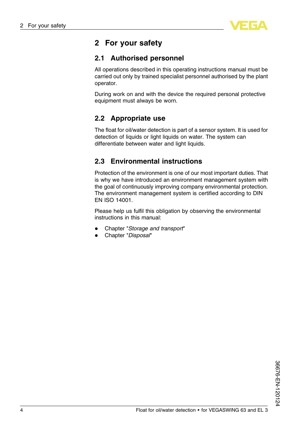 2 for your safety, 1 authorised personnel, 2 appropriate use | 3 environmental instructions, 2for your safety | VEGA Float for oil_water detection for VEGASWING 63 and EL 3 User Manual | Page 4 / 20