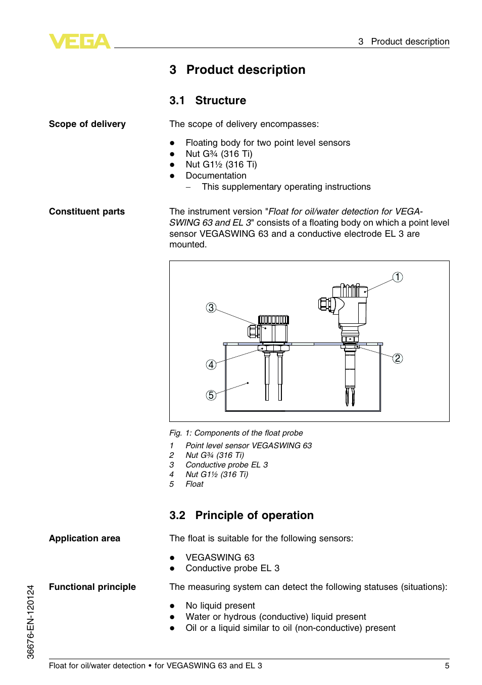 3 product description, 1 structure, 2 principle of operation | 3product description | VEGA Float for oil_water detection for VEGASWING 63 and EL 3 User Manual | Page 5 / 20