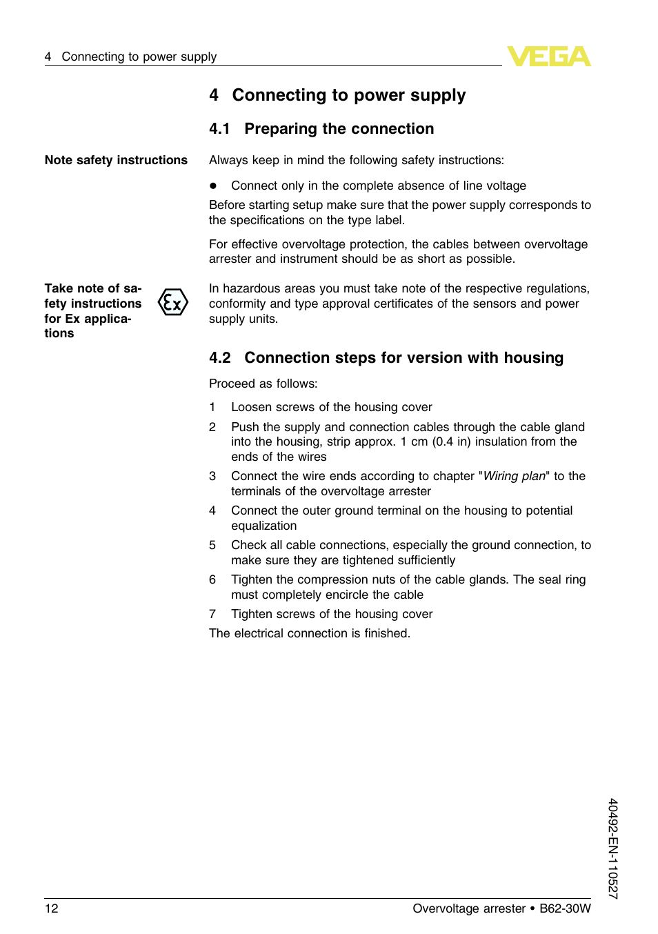 4 connecting to power supply, 1 preparing the connection, 2 connection steps for version with housing | 4connecting to power supply | VEGA B62-30W User Manual | Page 12 / 20