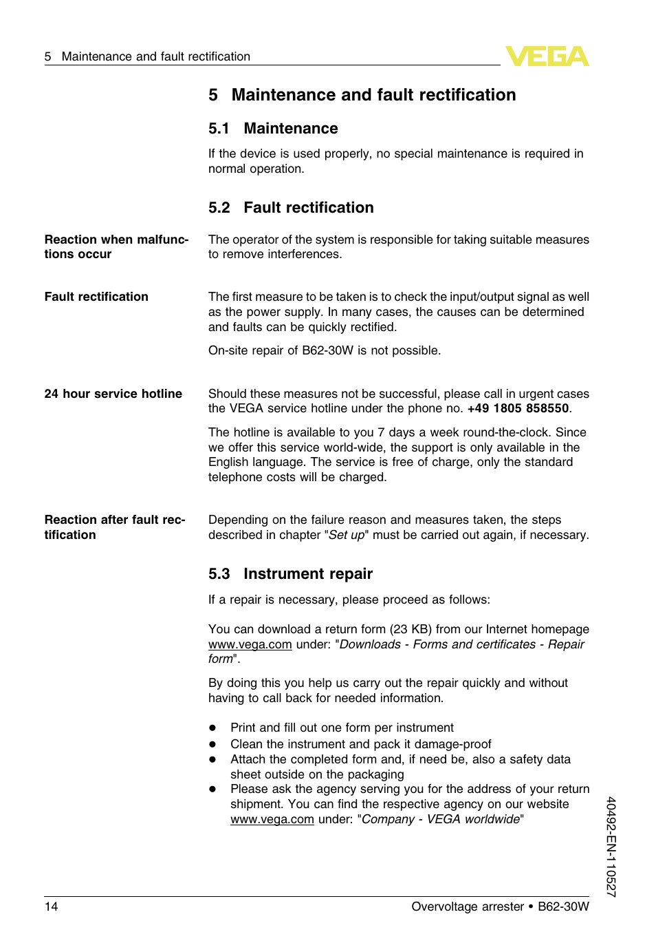 5 maintenance and fault rectification, 1 maintenance, 2 fault rectification | 3 instrument repair, 5maintenance and fault rectiﬁcation | VEGA B62-30W User Manual | Page 14 / 20