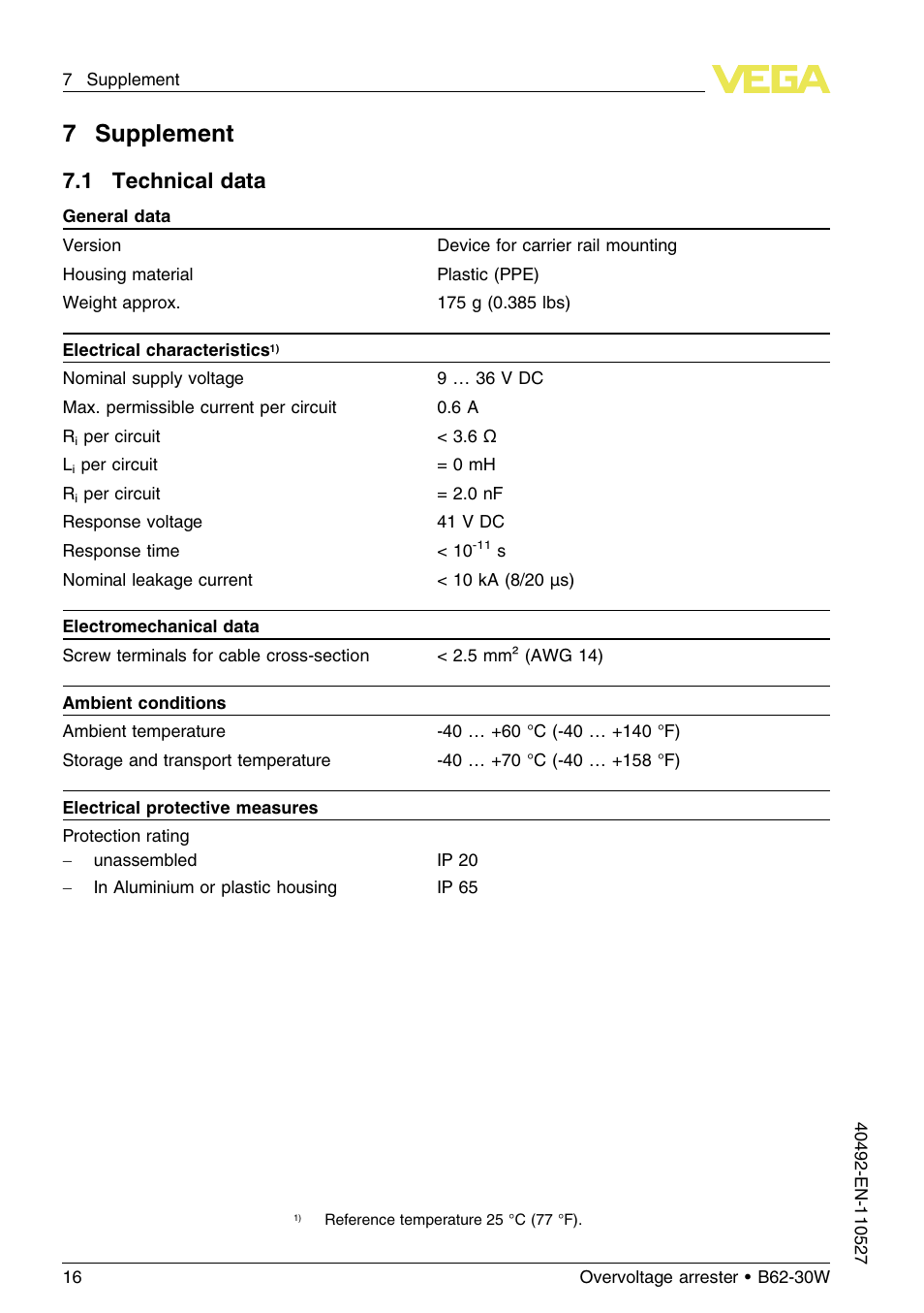 7 supplement, 1 technical data, 7supplement | VEGA B62-30W User Manual | Page 16 / 20