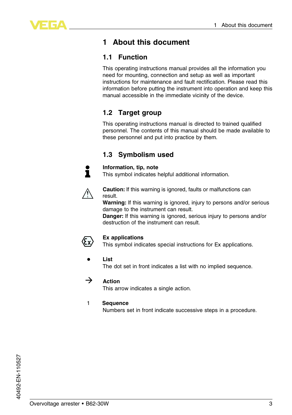 1 about this document, 1 function, 2 target group | 3 symbolism used, 1about this document | VEGA B62-30W User Manual | Page 3 / 20