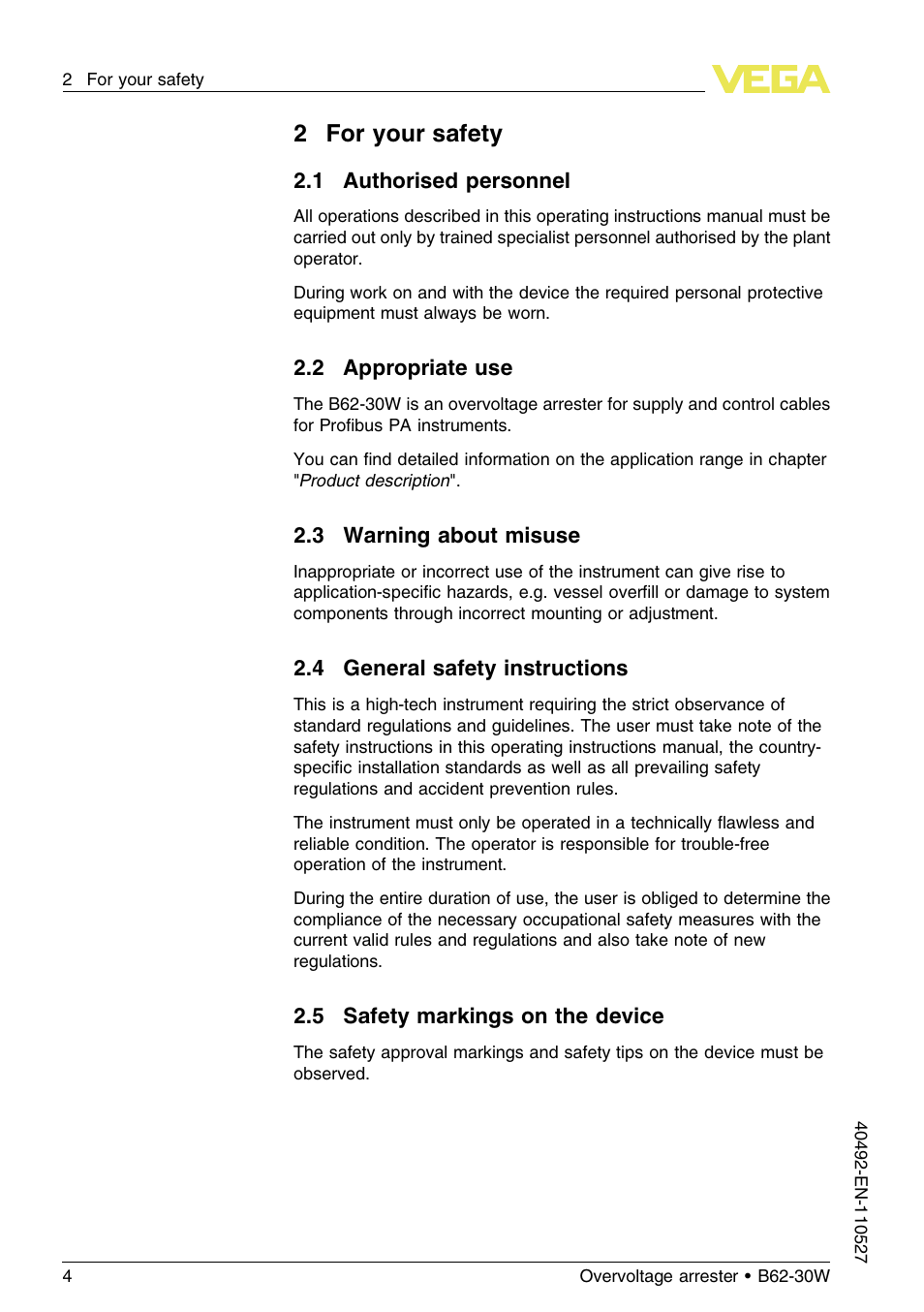 2 for your safety, 1 authorised personnel, 2 appropriate use | 3 warning about misuse, 4 general safety instructions, 5 safety markings on the device, 2for your safety | VEGA B62-30W User Manual | Page 4 / 20