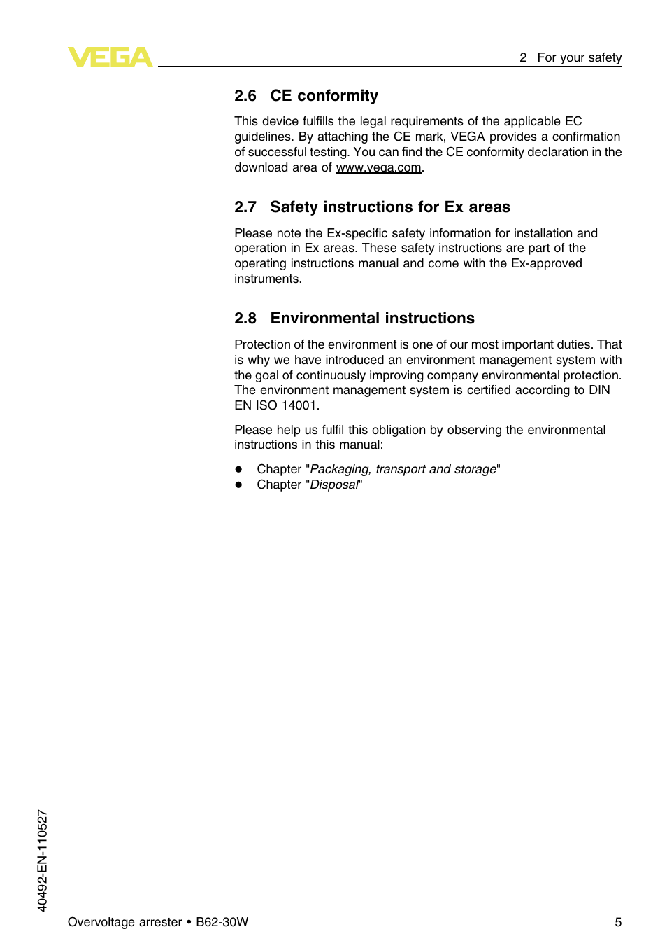 6 ce conformity, 7 safety instructions for ex areas, 8 environmental instructions | VEGA B62-30W User Manual | Page 5 / 20