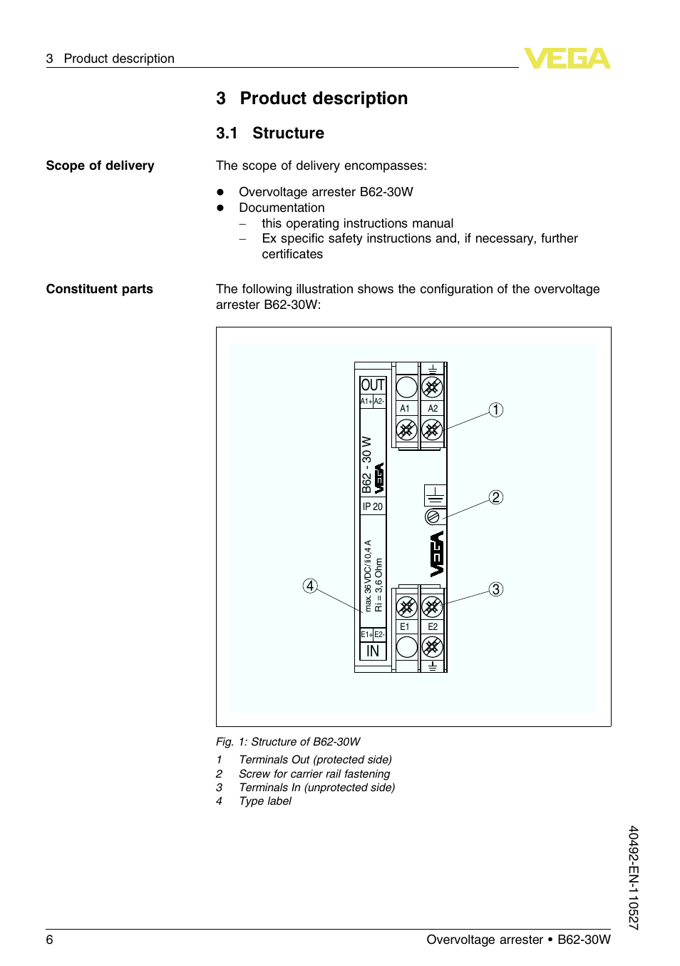 3 product description, 1 structure, 3product description | Out in | VEGA B62-30W User Manual | Page 6 / 20