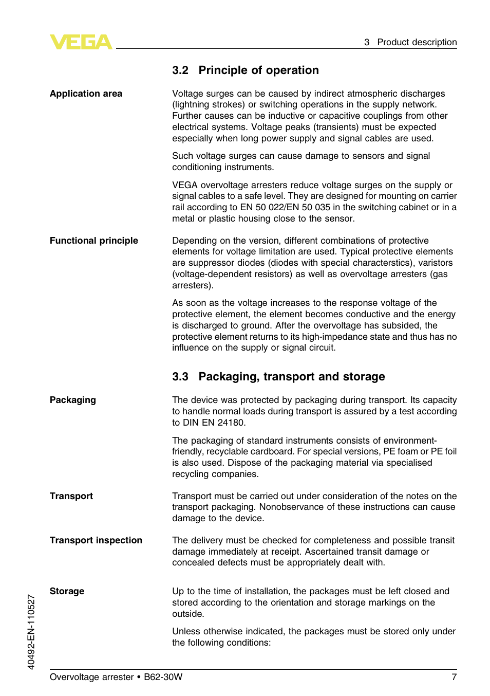 2 principle of operation, 3 packaging, transport and storage | VEGA B62-30W User Manual | Page 7 / 20