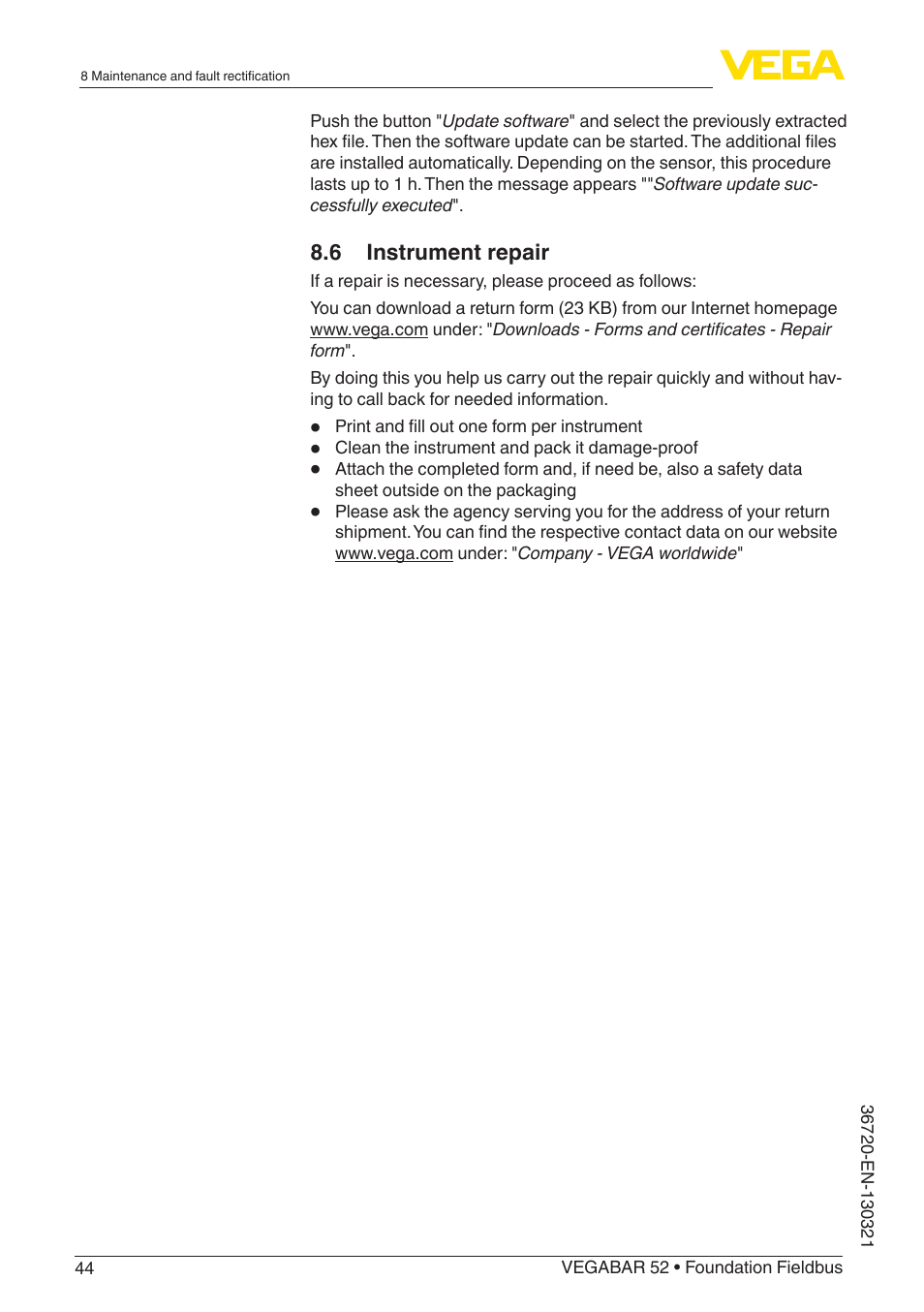 VEGA VEGABAR 52 Foundation Fieldbus User Manual | Page 44 / 72