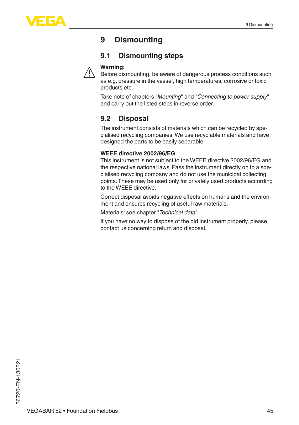 9 dismounting, 1 dismounting steps, 2 disposal | VEGA VEGABAR 52 Foundation Fieldbus User Manual | Page 45 / 72