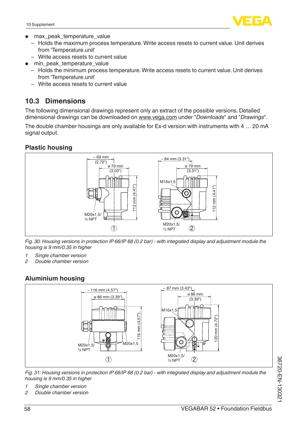 3 dimensions, Plastic housing, Aluminium housing | VEGA VEGABAR 52 Foundation Fieldbus User Manual | Page 58 / 72