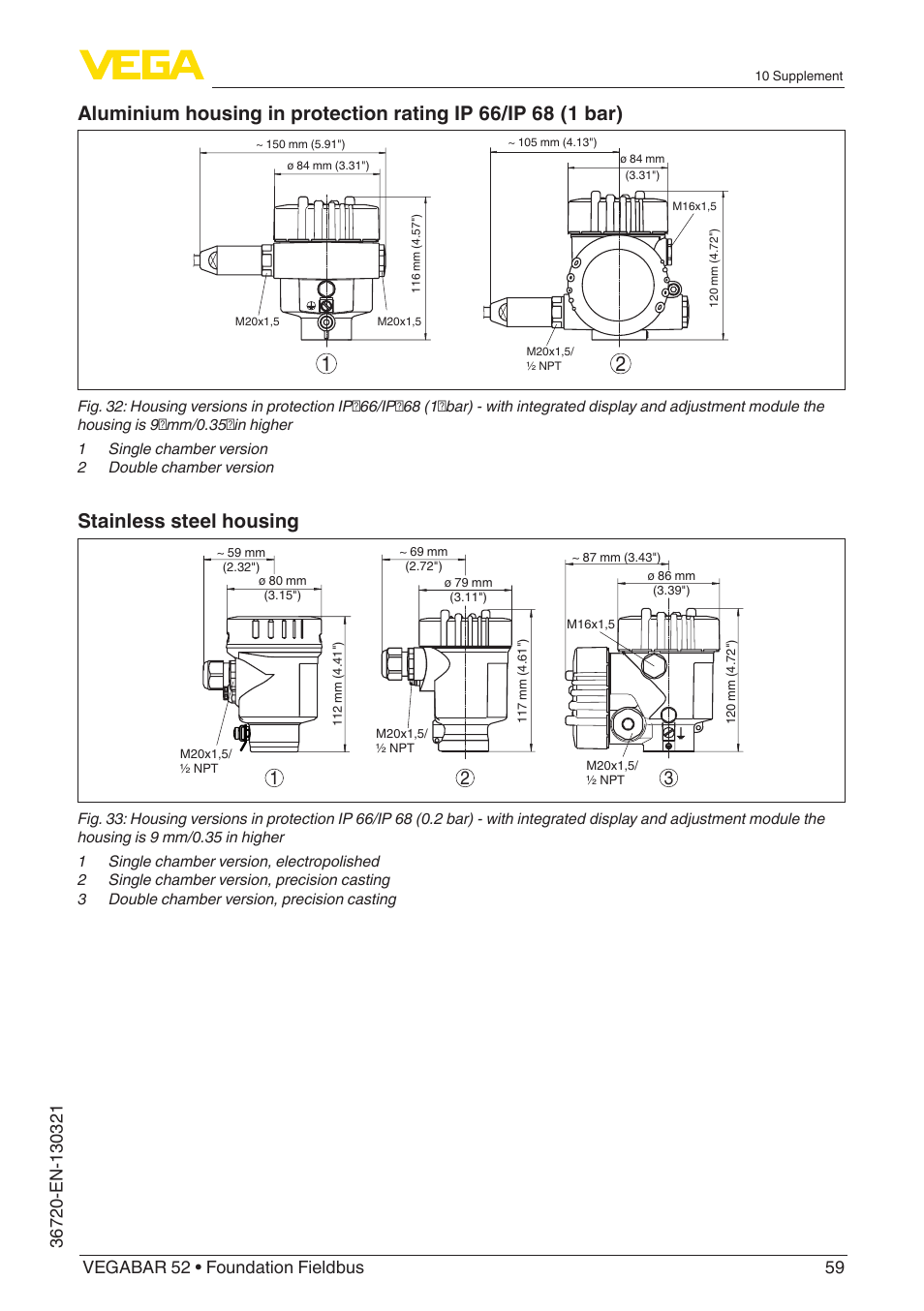 Stainless steel housing | VEGA VEGABAR 52 Foundation Fieldbus User Manual | Page 59 / 72