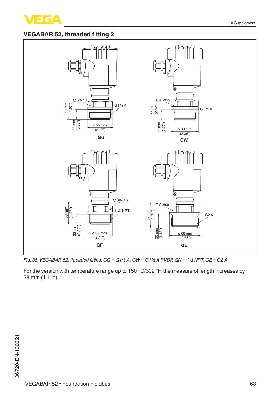 Vegabar 52, threaded fitting 2 | VEGA VEGABAR 52 Foundation Fieldbus User Manual | Page 63 / 72