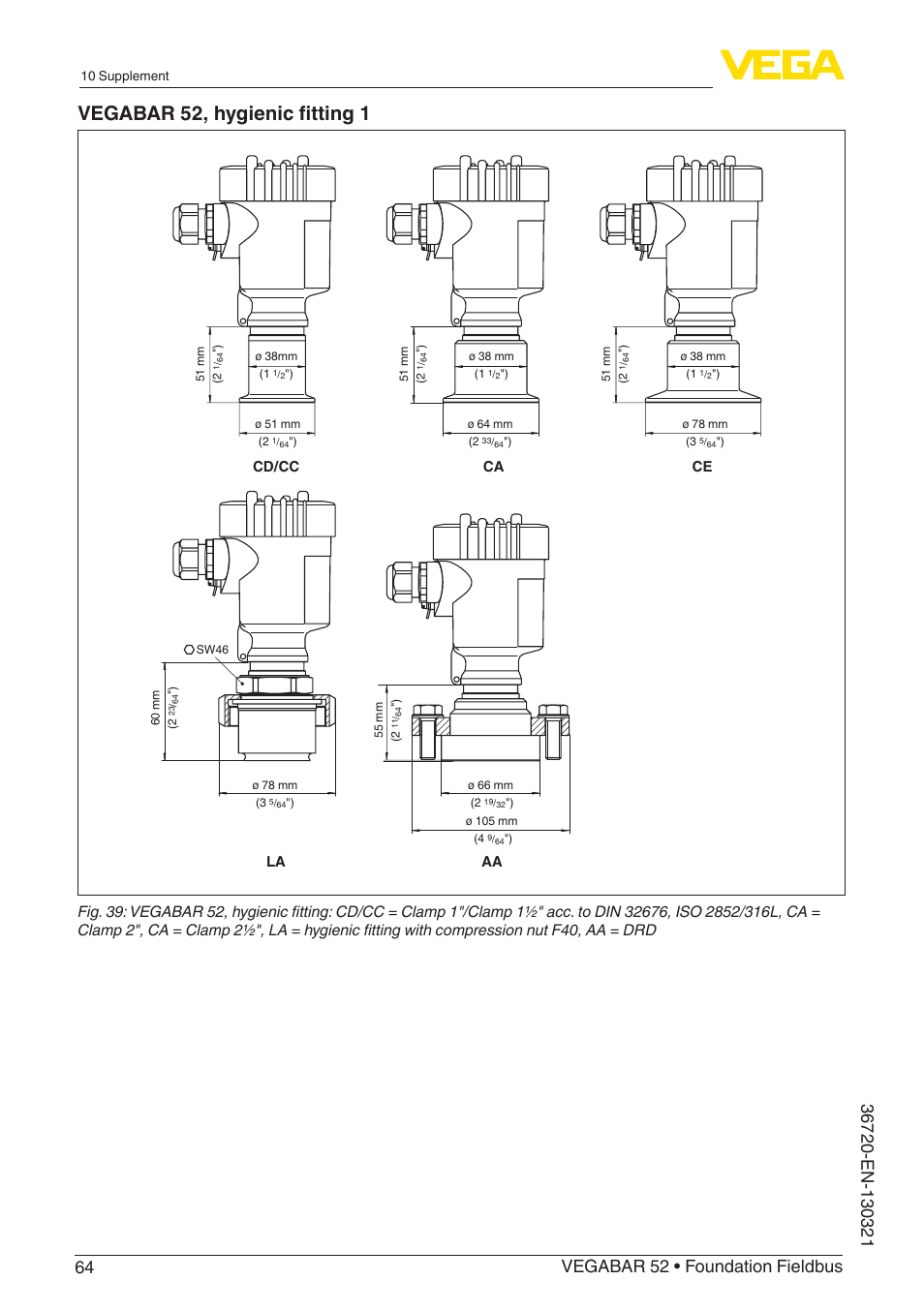 Vegabar 52, hygienic fitting 1, Ca cd/cc aa ce la | VEGA VEGABAR 52 Foundation Fieldbus User Manual | Page 64 / 72