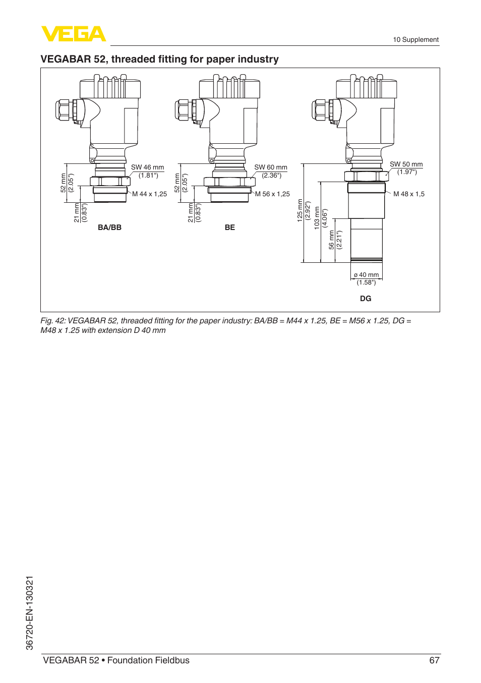 Vegabar 52, threaded fitting for paper industry | VEGA VEGABAR 52 Foundation Fieldbus User Manual | Page 67 / 72
