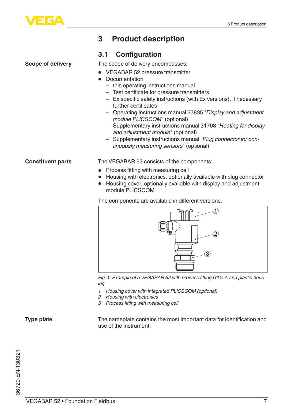 3 product description | VEGA VEGABAR 52 Foundation Fieldbus User Manual | Page 7 / 72