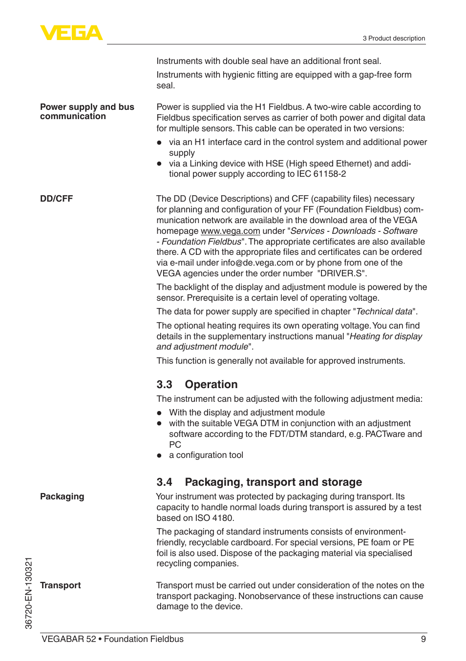 VEGA VEGABAR 52 Foundation Fieldbus User Manual | Page 9 / 72