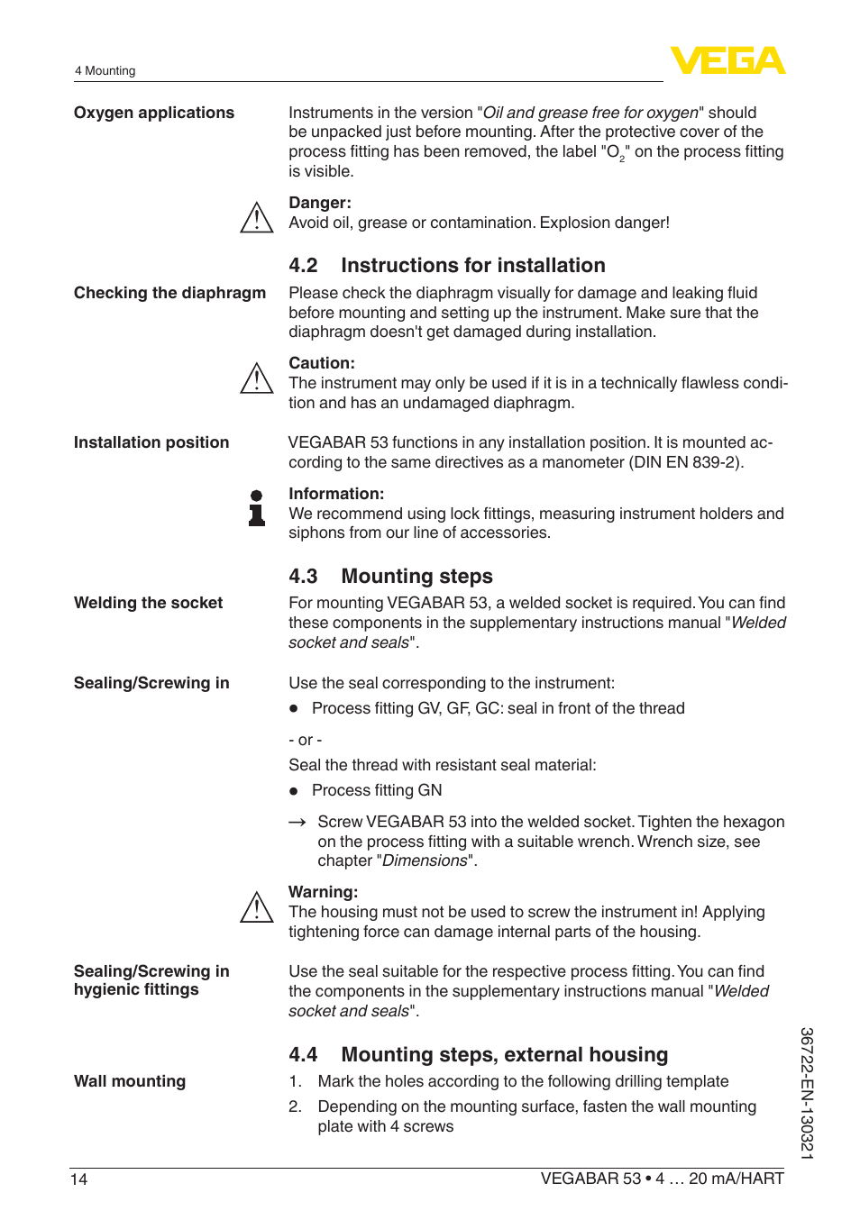 2 instructions for installation, 3 mounting steps, 4 mounting steps, external housing | VEGA VEGABAR 53 4 … 20 mA_HART User Manual | Page 14 / 68