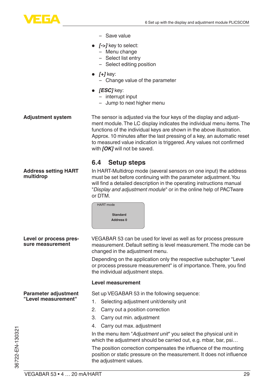 4 setup steps | VEGA VEGABAR 53 4 … 20 mA_HART User Manual | Page 29 / 68