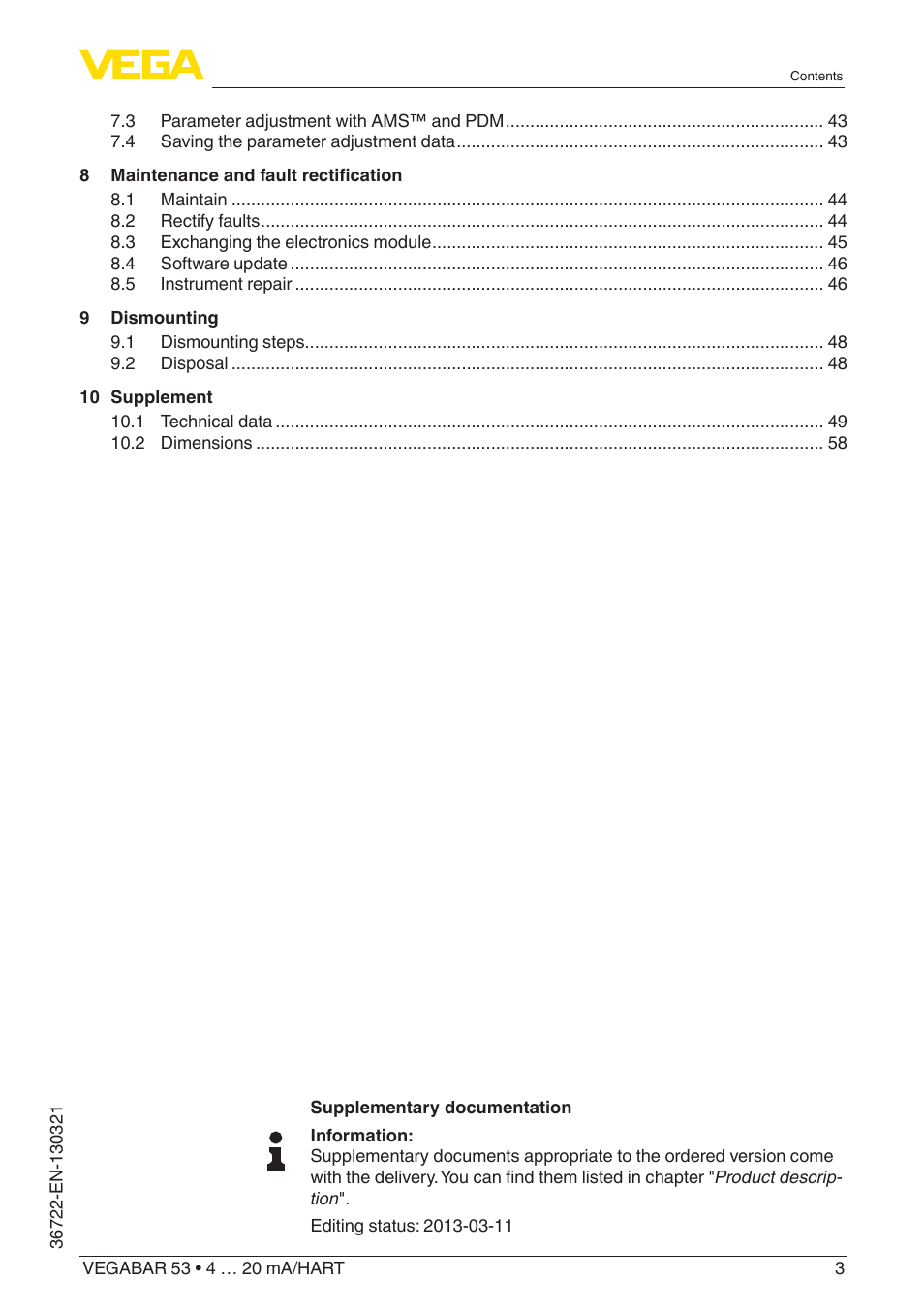 VEGA VEGABAR 53 4 … 20 mA_HART User Manual | Page 3 / 68
