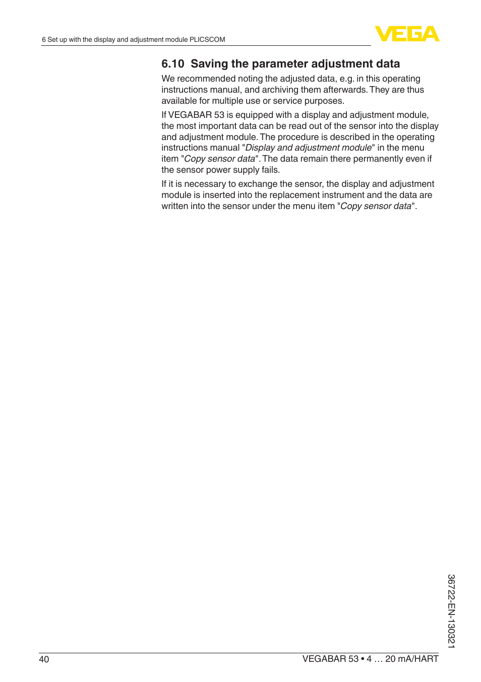 10 saving the parameter adjustment data | VEGA VEGABAR 53 4 … 20 mA_HART User Manual | Page 40 / 68