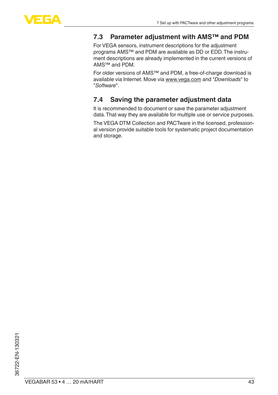 3 parameter adjustment with ams™ and pdm, 4 saving the parameter adjustment data | VEGA VEGABAR 53 4 … 20 mA_HART User Manual | Page 43 / 68