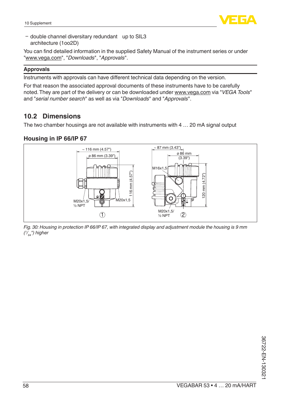 2 dimensions, Housing in ip 66/ip 67 | VEGA VEGABAR 53 4 … 20 mA_HART User Manual | Page 58 / 68