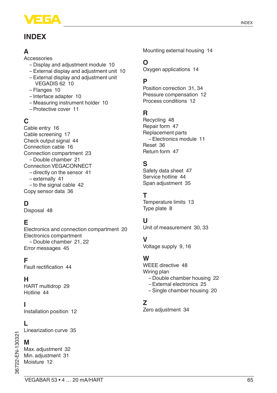 Index | VEGA VEGABAR 53 4 … 20 mA_HART User Manual | Page 65 / 68