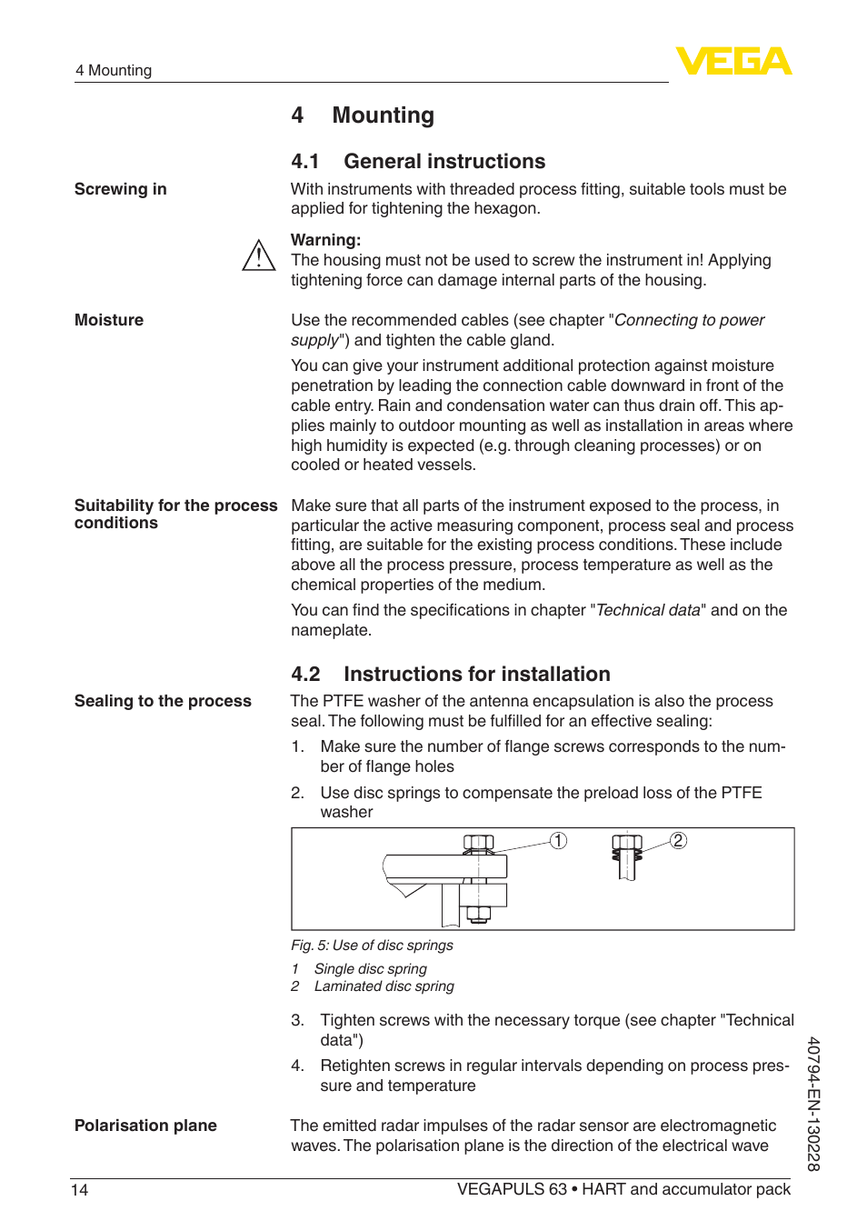 4 mounting, 1 general instructions, 2 instructions for installation | VEGA VEGAPULS 63 (≥ 2.0.0 - ≥ 4.0.0) HART and accumulator pack User Manual | Page 14 / 72