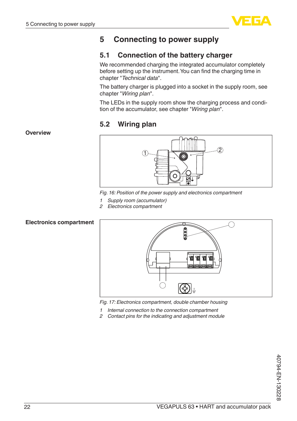 5 connecting to power supply, 1 connection of the battery charger, 2 wiring plan | VEGA VEGAPULS 63 (≥ 2.0.0 - ≥ 4.0.0) HART and accumulator pack User Manual | Page 22 / 72
