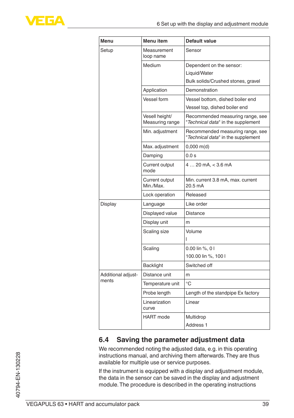 4 saving the parameter adjustment data | VEGA VEGAPULS 63 (≥ 2.0.0 - ≥ 4.0.0) HART and accumulator pack User Manual | Page 39 / 72