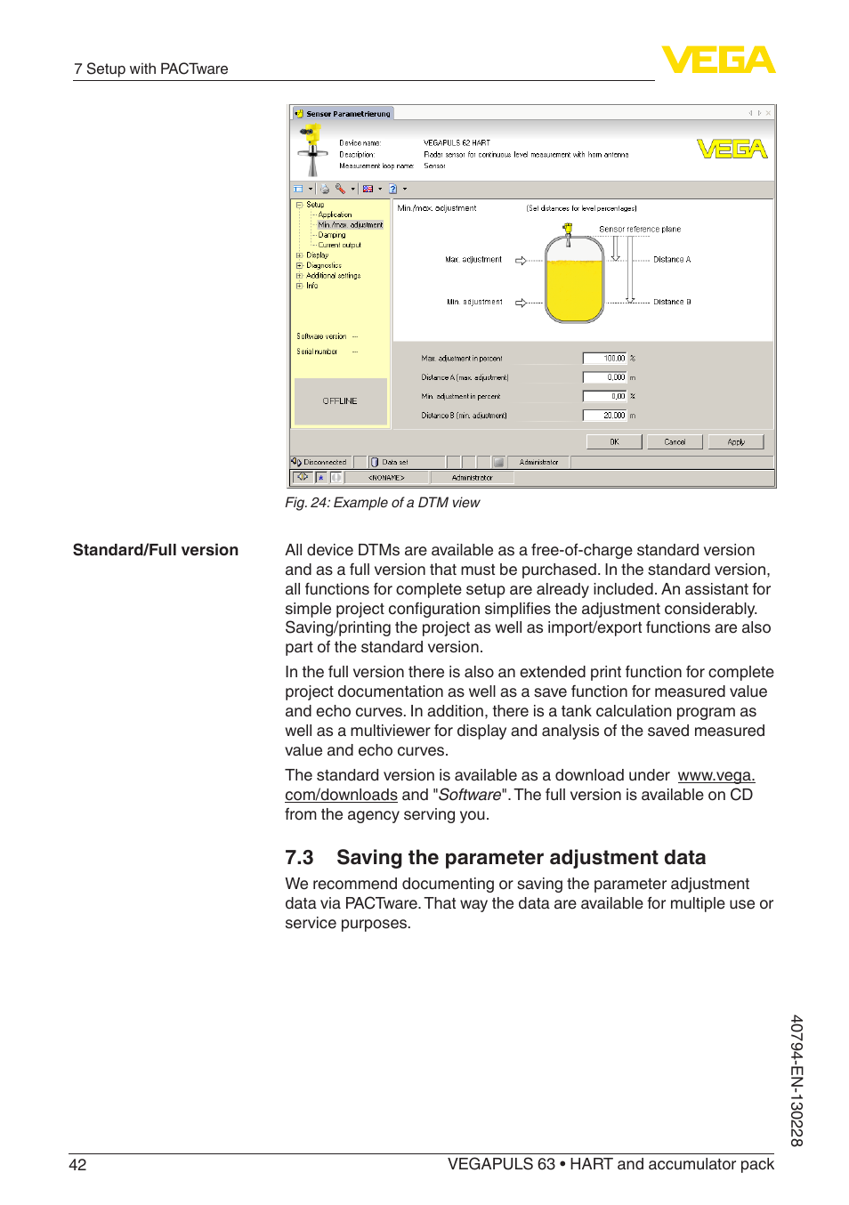 3 saving the parameter adjustment data | VEGA VEGAPULS 63 (≥ 2.0.0 - ≥ 4.0.0) HART and accumulator pack User Manual | Page 42 / 72