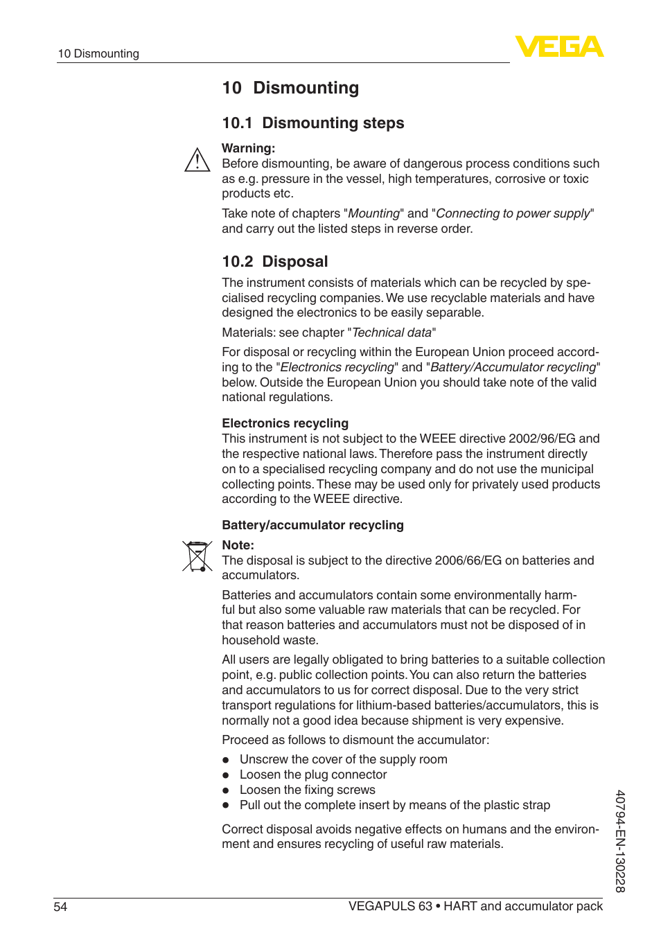 10 dismounting | VEGA VEGAPULS 63 (≥ 2.0.0 - ≥ 4.0.0) HART and accumulator pack User Manual | Page 54 / 72