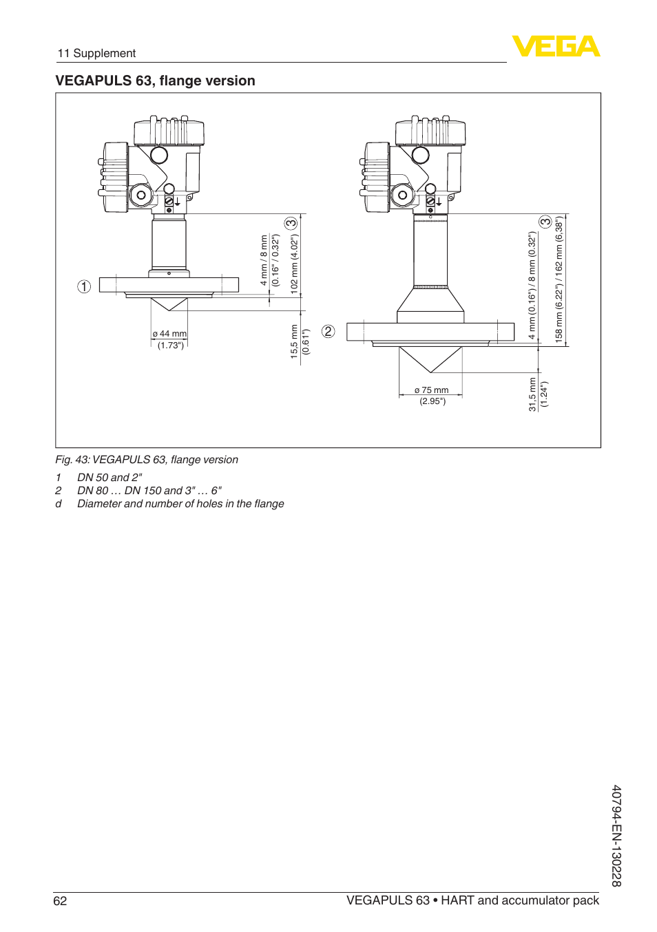 Vegapuls 63, flange version | VEGA VEGAPULS 63 (≥ 2.0.0 - ≥ 4.0.0) HART and accumulator pack User Manual | Page 62 / 72