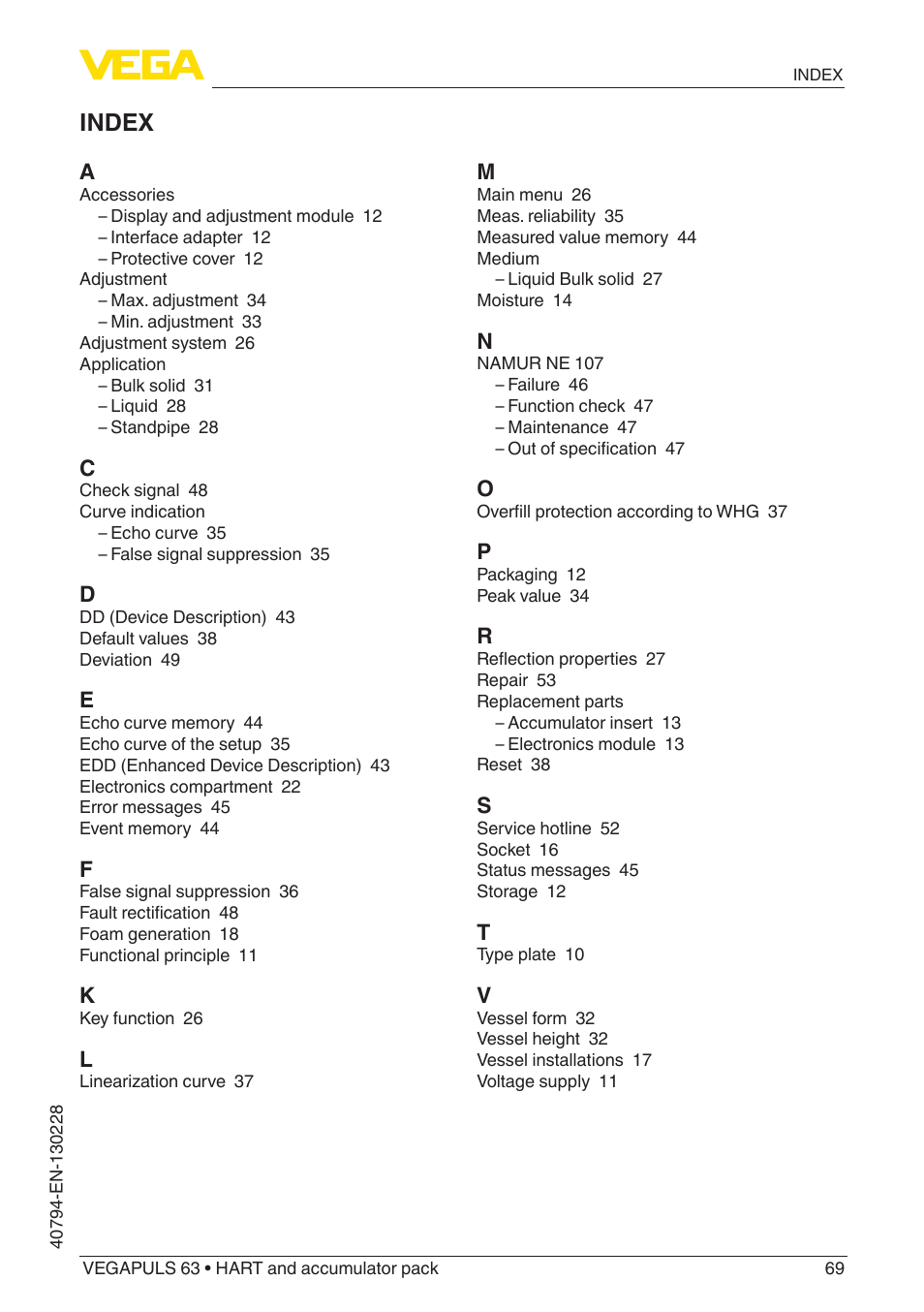 Index | VEGA VEGAPULS 63 (≥ 2.0.0 - ≥ 4.0.0) HART and accumulator pack User Manual | Page 69 / 72