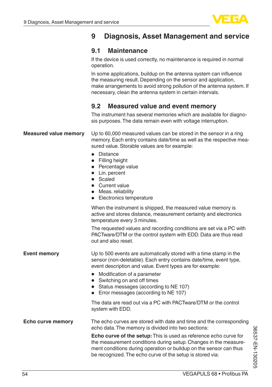 9 diagnosis, asset management and service | VEGA VEGAPULS 68 (≥ 2.0.0 - ≥ 4.0.0) Profibus PA User Manual | Page 54 / 88