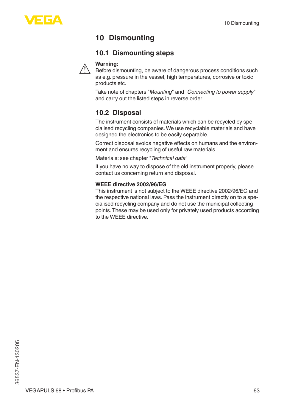 10 dismounting | VEGA VEGAPULS 68 (≥ 2.0.0 - ≥ 4.0.0) Profibus PA User Manual | Page 63 / 88