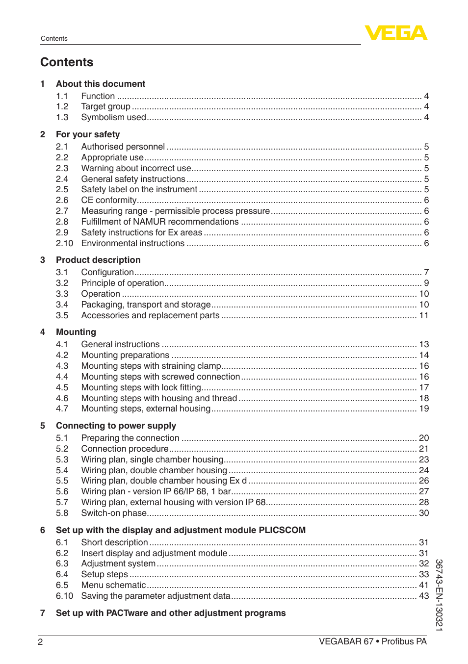 VEGA VEGABAR 67 Profibus PA User Manual | Page 2 / 72