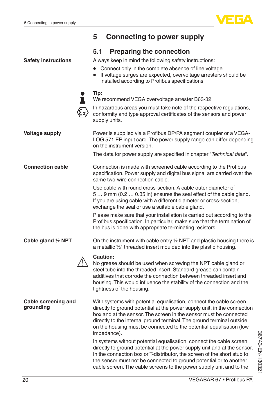 5 connecting to power supply, 1 preparing the connection | VEGA VEGABAR 67 Profibus PA User Manual | Page 20 / 72