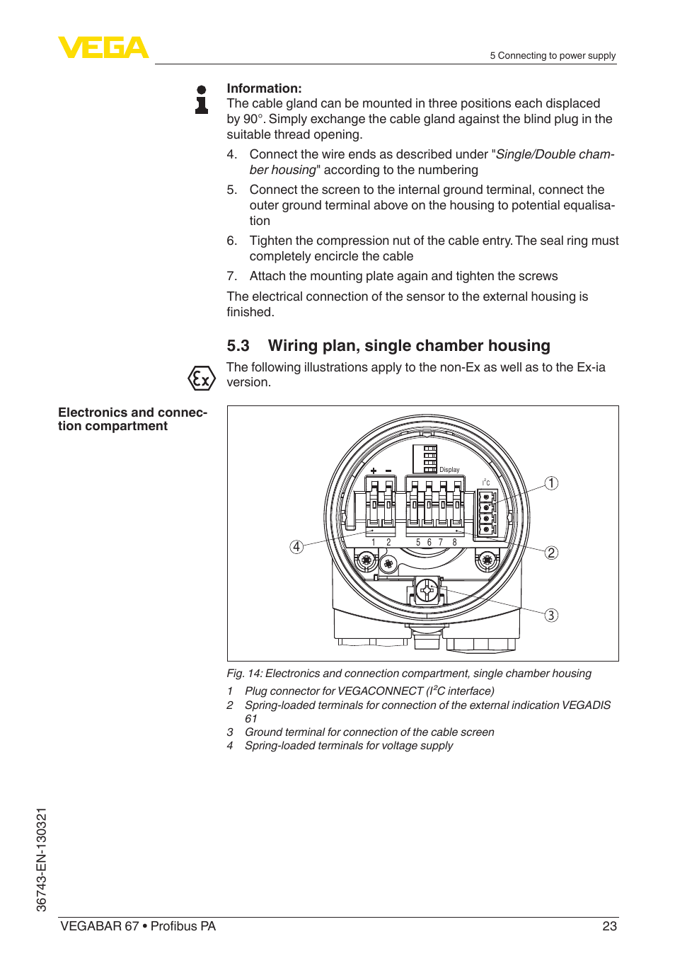 3 wiring plan, single chamber housing | VEGA VEGABAR 67 Profibus PA User Manual | Page 23 / 72