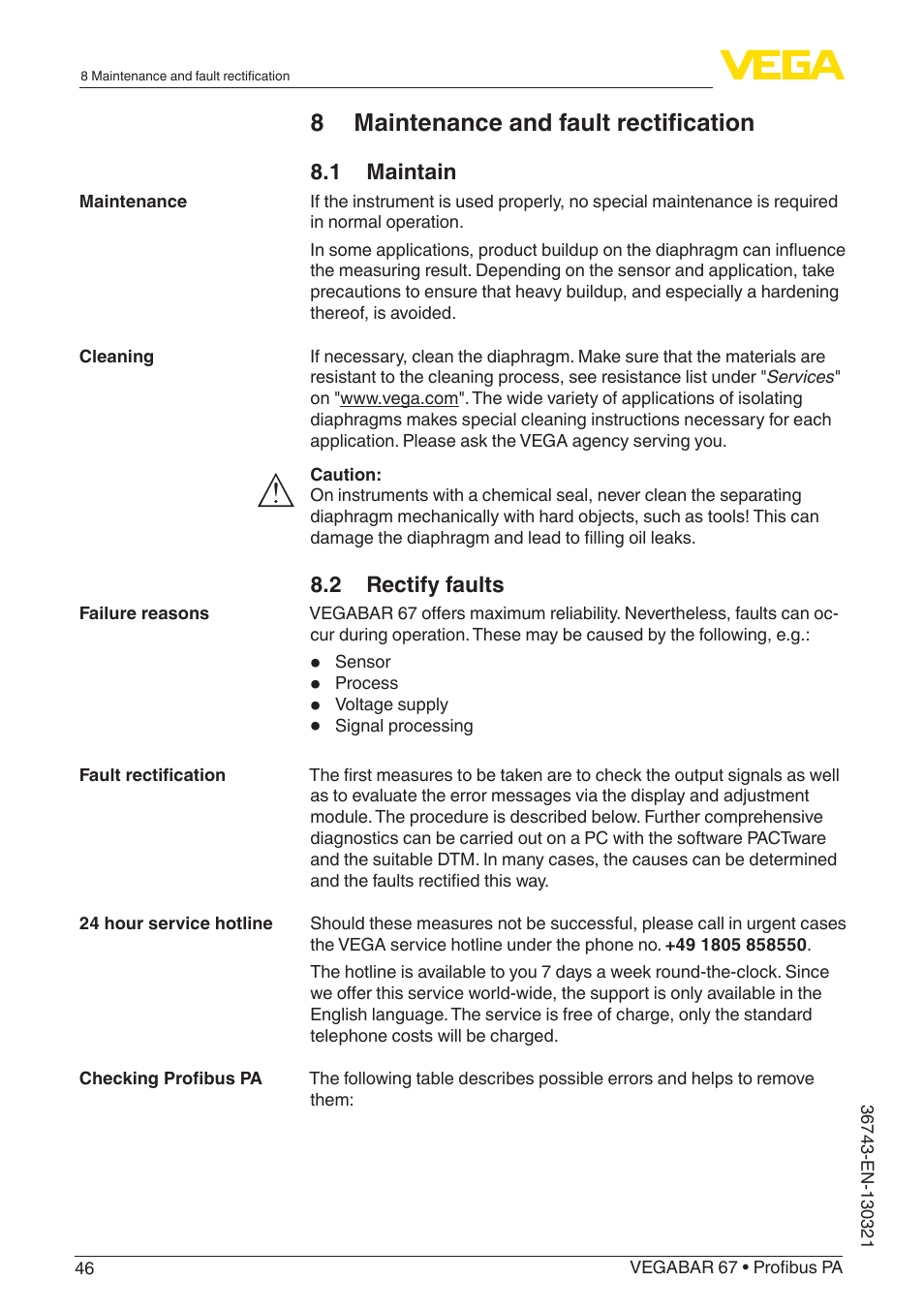 8 maintenance and fault rectification | VEGA VEGABAR 67 Profibus PA User Manual | Page 46 / 72