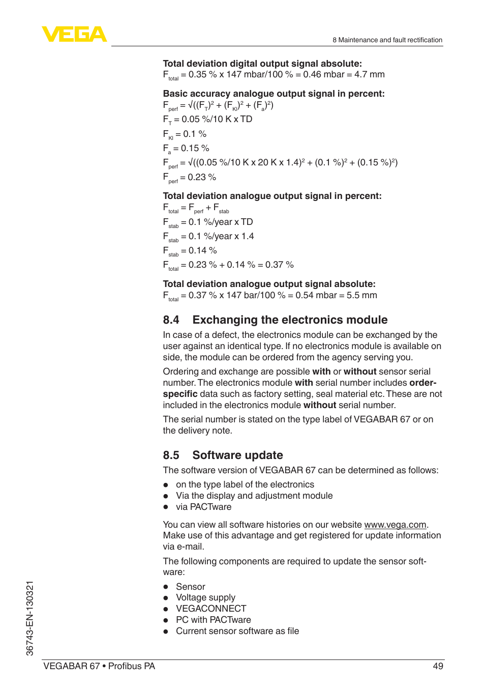 4 exchanging the electronics module, 5 software update | VEGA VEGABAR 67 Profibus PA User Manual | Page 49 / 72