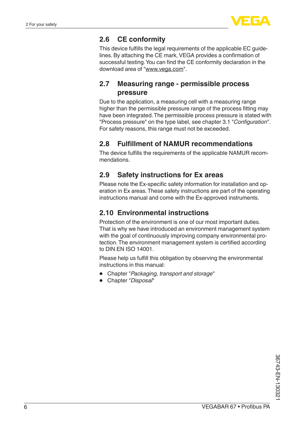 VEGA VEGABAR 67 Profibus PA User Manual | Page 6 / 72