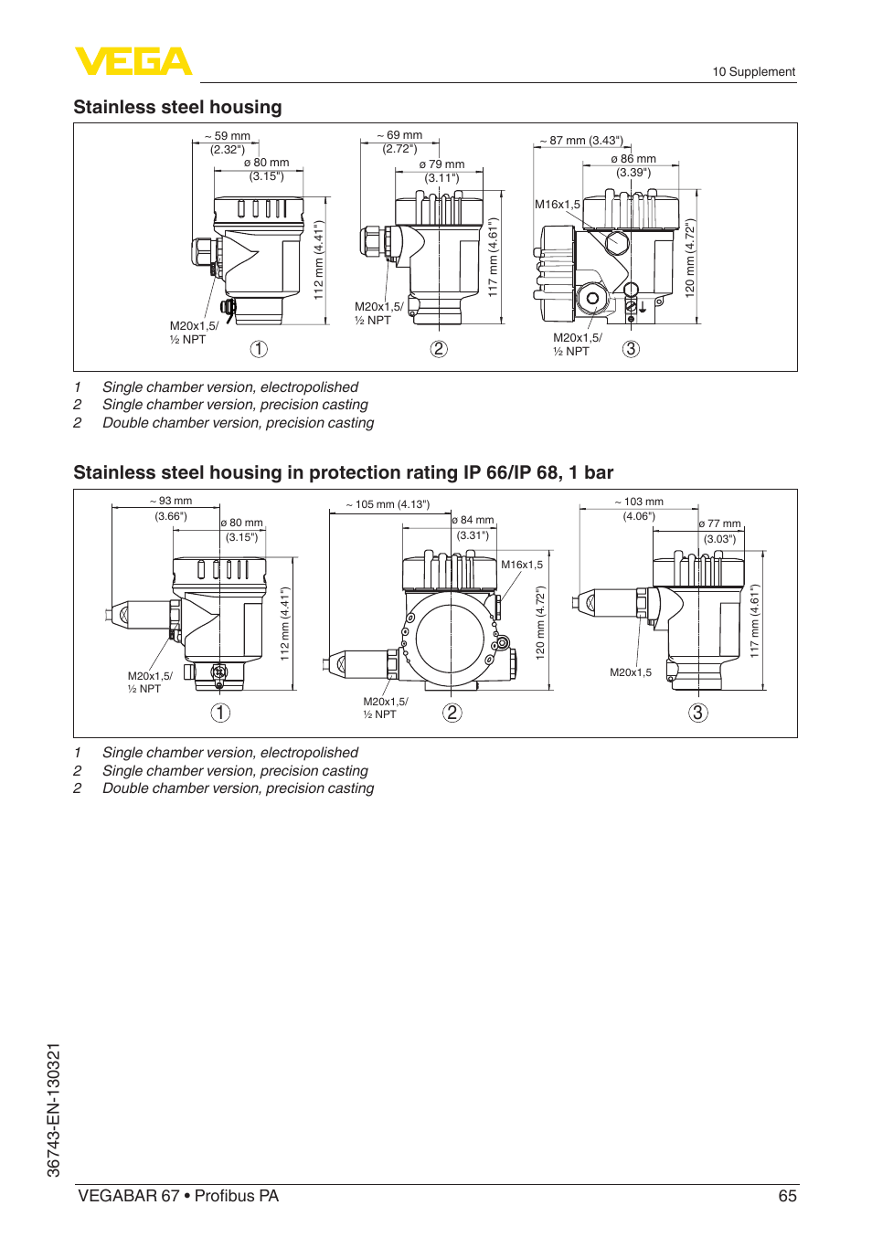 Stainless steel housing | VEGA VEGABAR 67 Profibus PA User Manual | Page 65 / 72