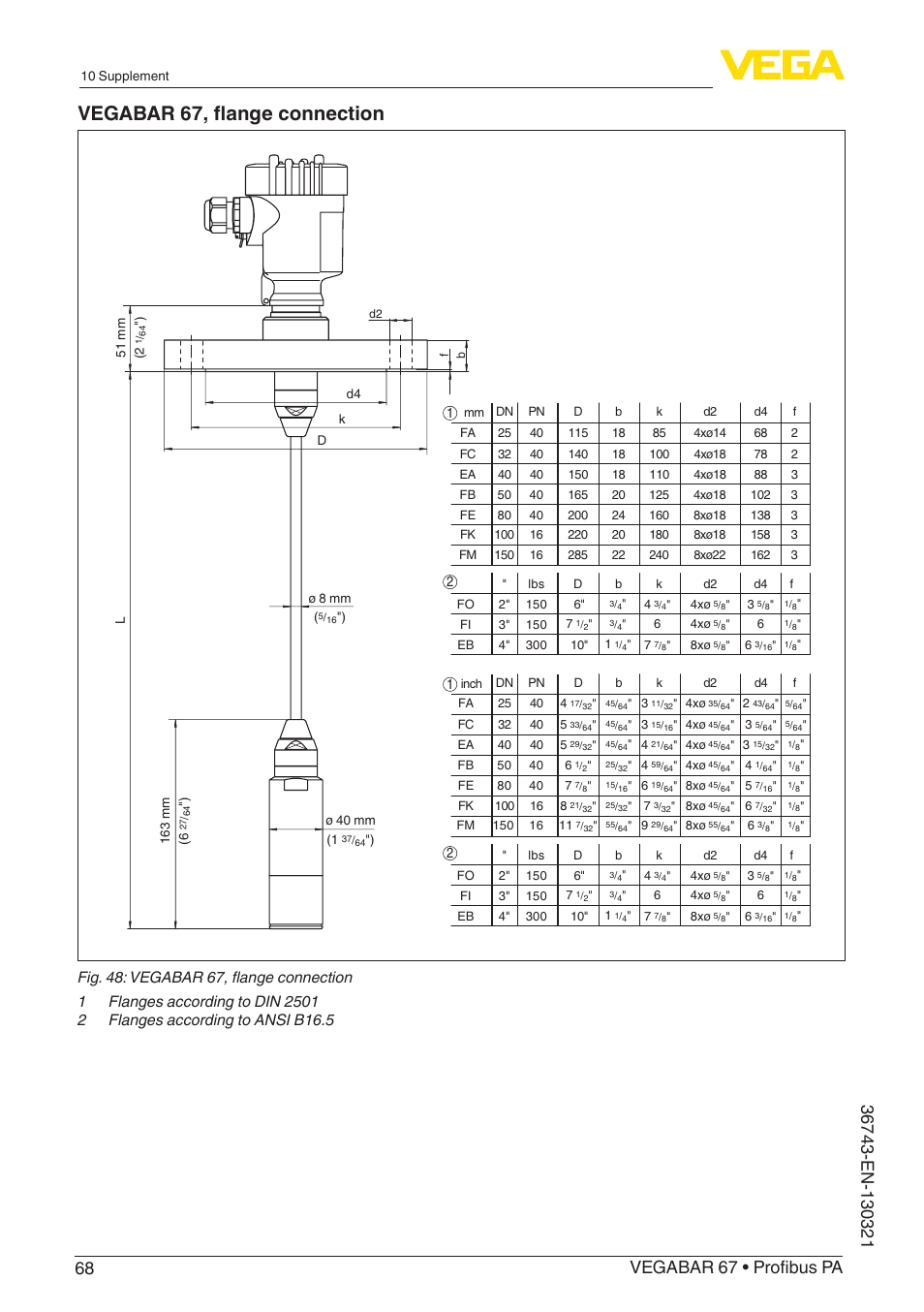 Vegabar 67, flange connection | VEGA VEGABAR 67 Profibus PA User Manual | Page 68 / 72