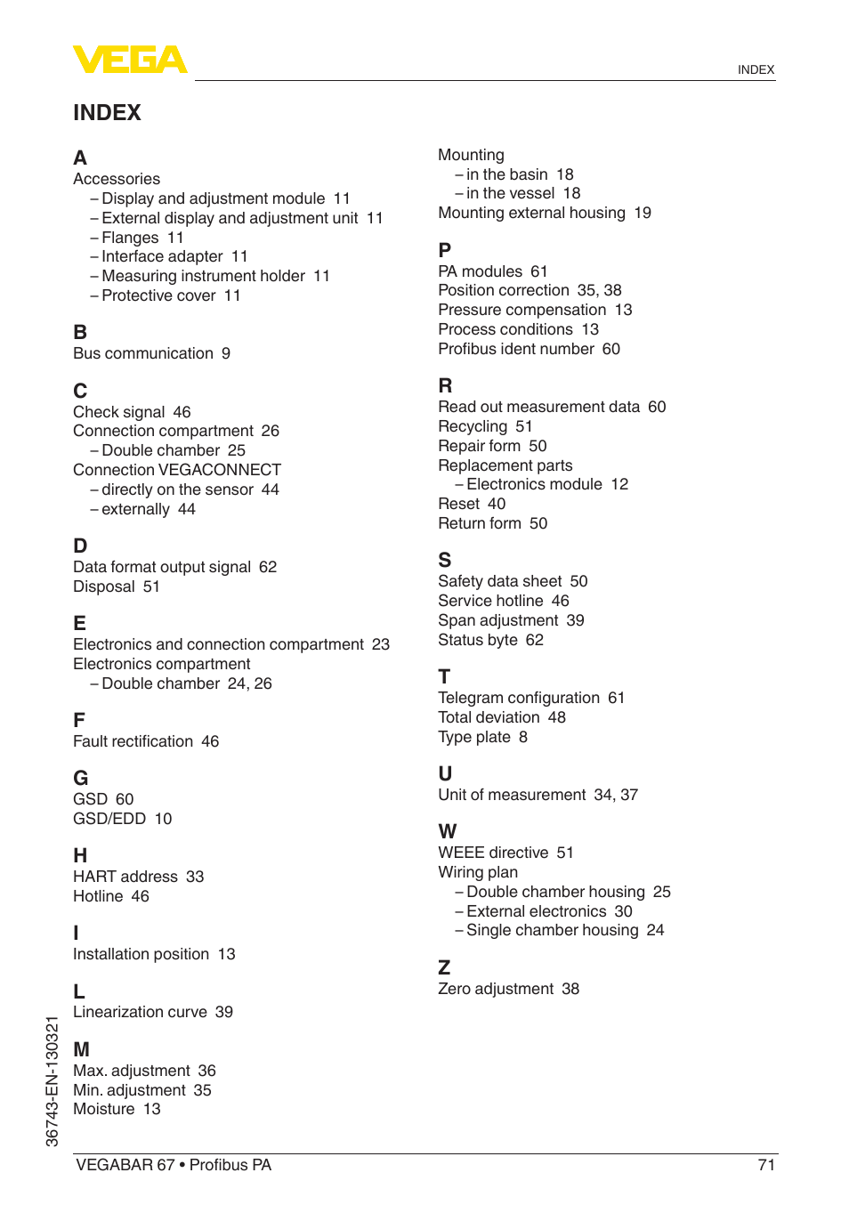 Index | VEGA VEGABAR 67 Profibus PA User Manual | Page 71 / 72