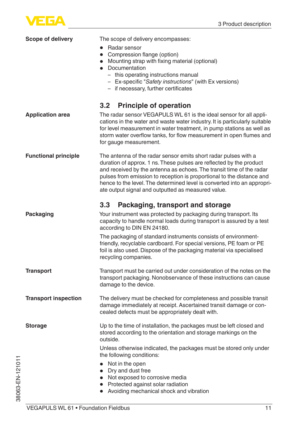 2 principle of operation, 3 packaging, transport and storage | VEGA VEGAPULS WL 61 Foundation Fieldbus User Manual | Page 11 / 60