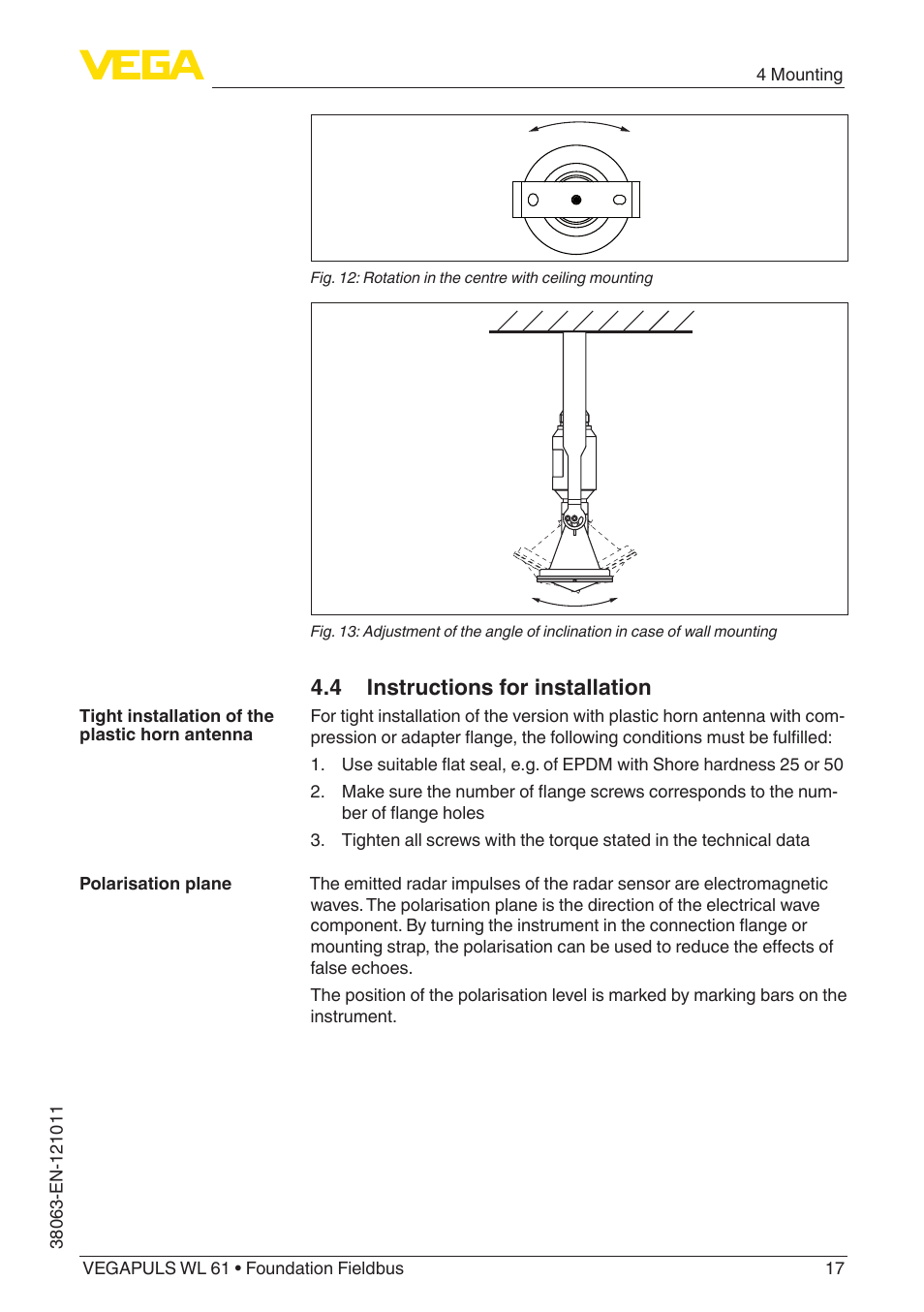 4 instructions for installation | VEGA VEGAPULS WL 61 Foundation Fieldbus User Manual | Page 17 / 60