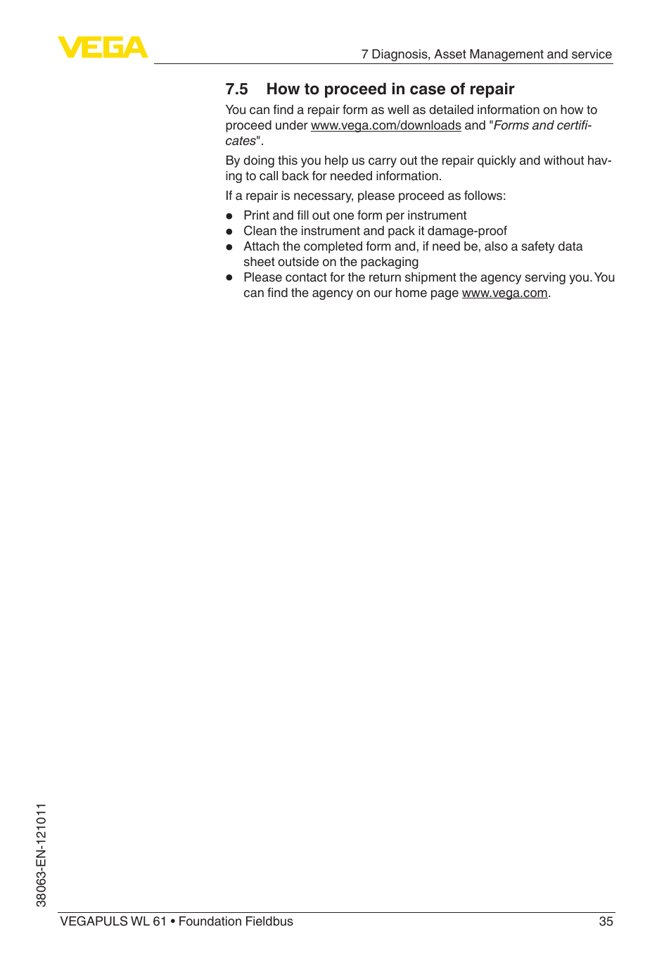 5 how to proceed in case of repair | VEGA VEGAPULS WL 61 Foundation Fieldbus User Manual | Page 35 / 60