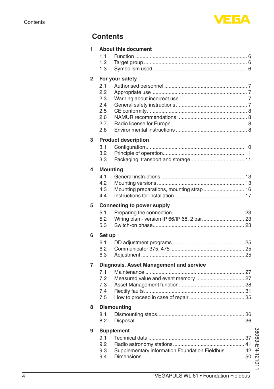 VEGA VEGAPULS WL 61 Foundation Fieldbus User Manual | Page 4 / 60